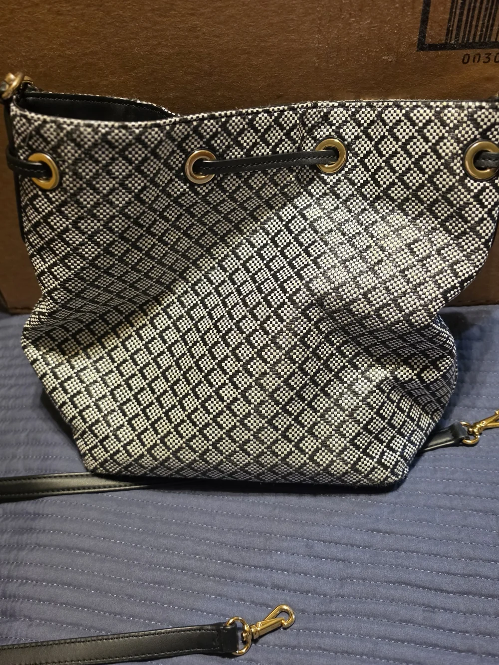 Lauren Ralph Lauren Black and White Drawstring Crossbody with Gold Hardware